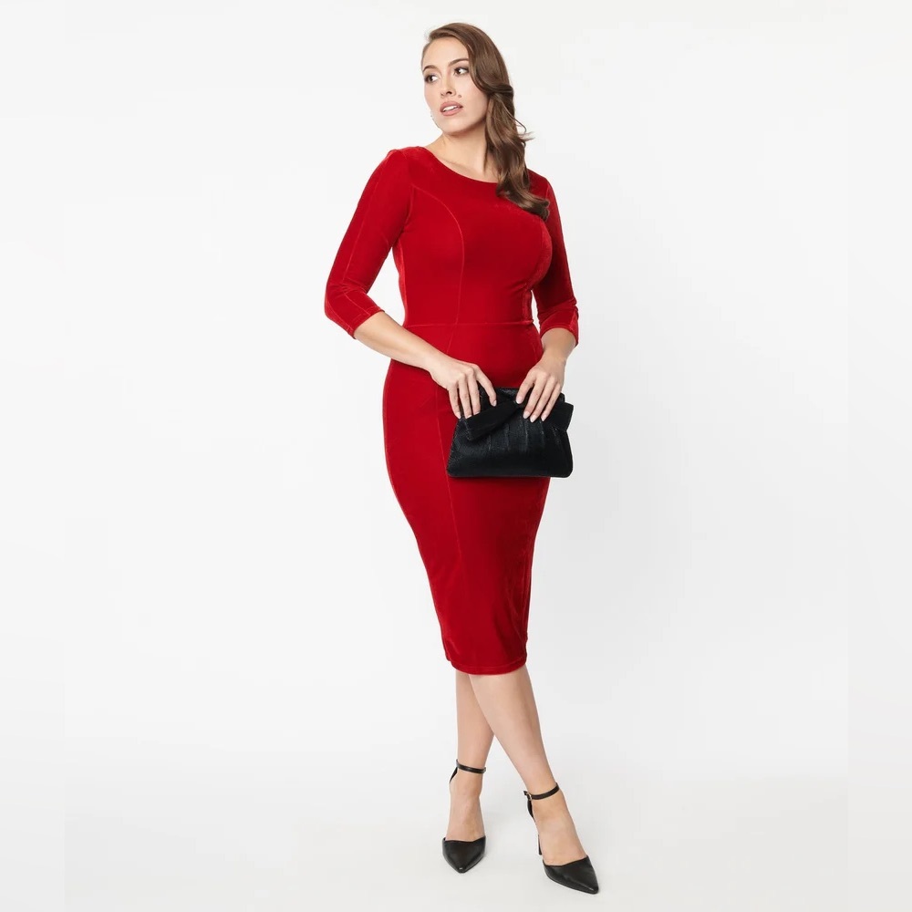 Unique Vintage Red Velvet Sleeved Mod Wiggle Dress